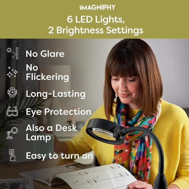 Alt view image 5 of 7 - 8X Desk Magnifying Light - Magnifying Glass for Reading and Crafts with 6 LEDs (No Glare, No Flickering) - Magnifying Lamp with Light and Stand, 2 Brightness Settings - Ideal for Seniors