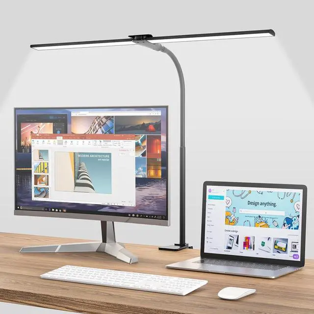 Main image of LED Desk Lamp for Home Office, Bright Double Head Desk Lamp with Clamp, Dimmable 5 Color Modes Desk Lighting, 12W Eye-Caring Architect Table Lamp for Workbench, Monitor, Reading, Study, 1400lm