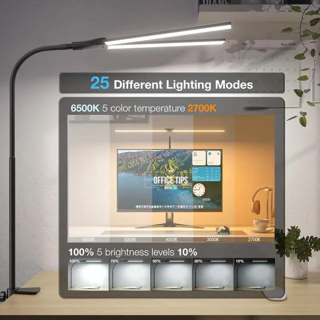 Alt view image 3 of 7 - LED Desk Lamp for Home Office, Bright Double Head Desk Lamp with Clamp, Dimmable 5 Color Modes Desk Lighting, 12W Eye-Caring Architect Table Lamp for Workbench, Monitor, Reading, Study, 1400lm