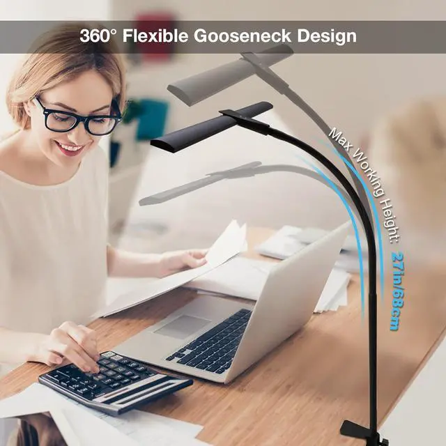 Alt view image 5 of 7 - LED Desk Lamp for Home Office, Bright Double Head Desk Lamp with Clamp, Dimmable 5 Color Modes Desk Lighting, 12W Eye-Caring Architect Table Lamp for Workbench, Monitor, Reading, Study, 1400lm