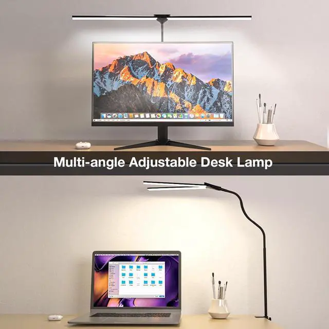 Alt view image 4 of 7 - LED Desk Lamp for Home Office, Bright Double Head Desk Lamp with Clamp, Dimmable 5 Color Modes Desk Lighting, 12W Eye-Caring Architect Table Lamp for Workbench, Monitor, Reading, Study, 1400lm