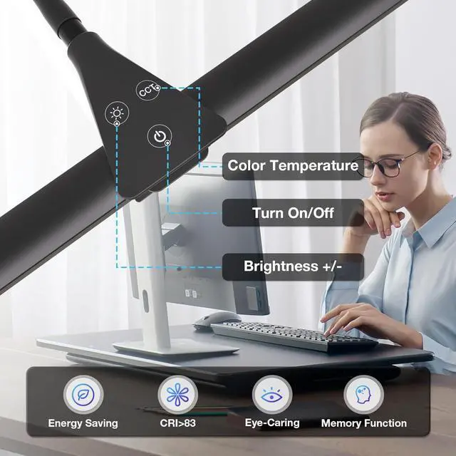 Alt view image 6 of 7 - LED Desk Lamp for Home Office, Bright Double Head Desk Lamp with Clamp, Dimmable 5 Color Modes Desk Lighting, 12W Eye-Caring Architect Table Lamp for Workbench, Monitor, Reading, Study, 1400lm