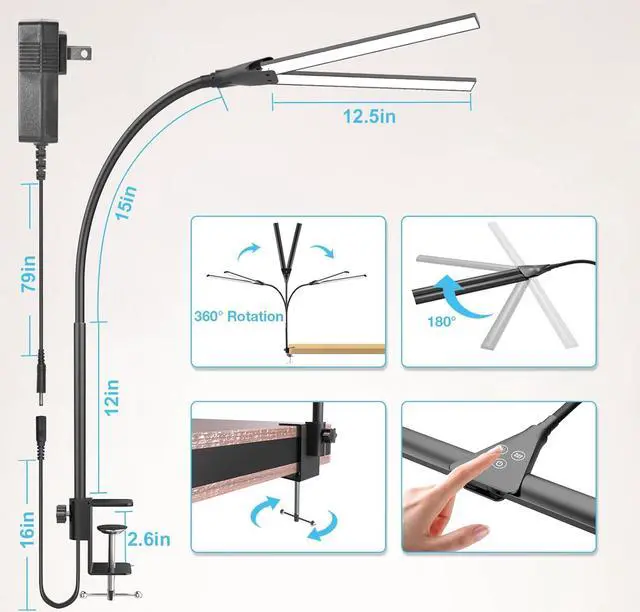 Alt view image 7 of 7 - LED Desk Lamp for Home Office, Bright Double Head Desk Lamp with Clamp, Dimmable 5 Color Modes Desk Lighting, 12W Eye-Caring Architect Table Lamp for Workbench, Monitor, Reading, Study, 1400lm