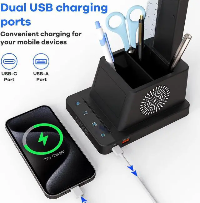 Alt view image 3 of 7 - Small Desk Lamp for Home Office Bedroom, LED Desk Light with USB Charging Ports, Touch Table Lamps with Four Brightness Levels and 3-Way Dimmber Mode for Study, Kids Teens, Pen/Phone Holder, RGB Light