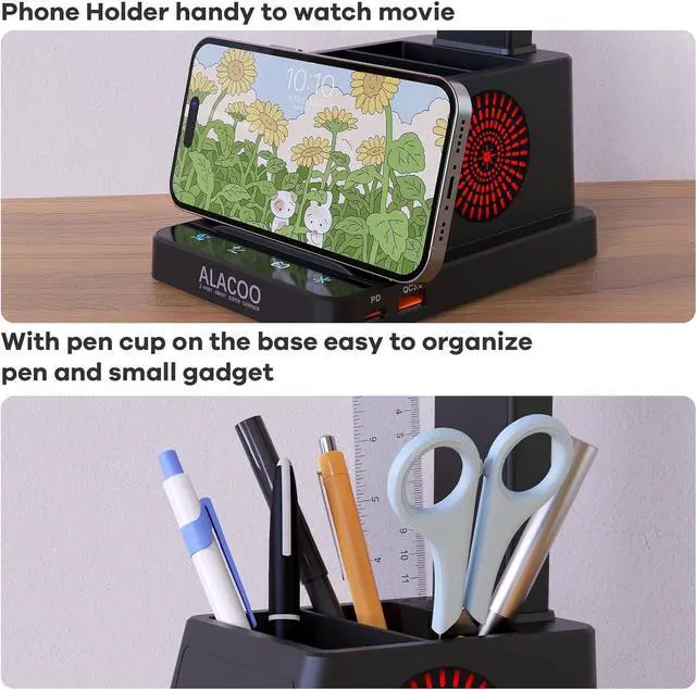 Alt view image 4 of 7 - Small Desk Lamp for Home Office Bedroom, LED Desk Light with USB Charging Ports, Touch Table Lamps with Four Brightness Levels and 3-Way Dimmber Mode for Study, Kids Teens, Pen/Phone Holder, RGB Light