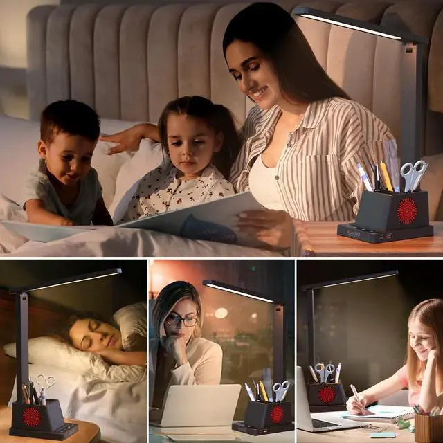 Alt view image 7 of 7 - Small Desk Lamp for Home Office Bedroom, LED Desk Light with USB Charging Ports, Touch Table Lamps with Four Brightness Levels and 3-Way Dimmber Mode for Study, Kids Teens, Pen/Phone Holder, RGB Light