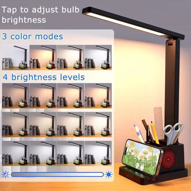 Alt view image 6 of 7 - Small Desk Lamp for Home Office Bedroom, LED Desk Light with USB Charging Ports, Touch Table Lamps with Four Brightness Levels and 3-Way Dimmber Mode for Study, Kids Teens, Pen/Phone Holder, RGB Light