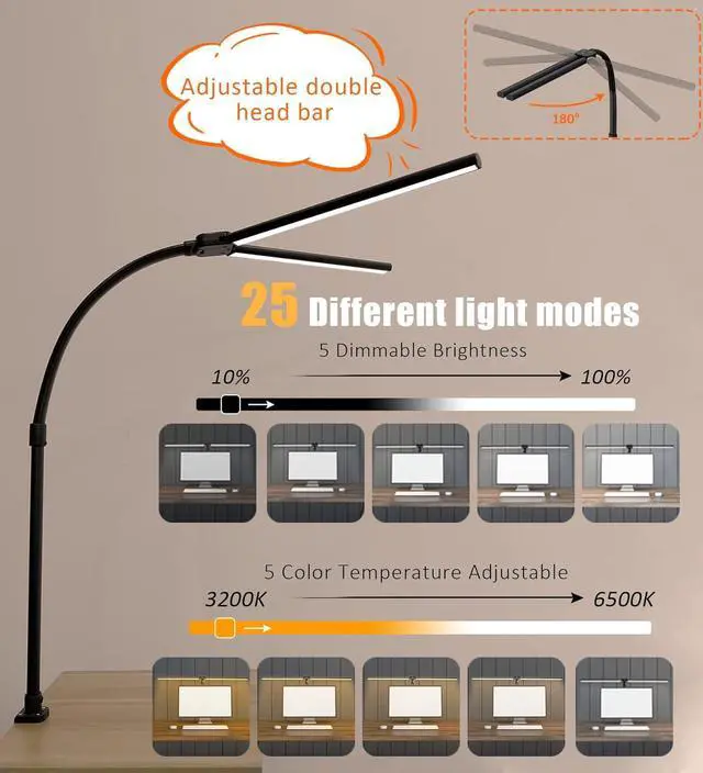 Alt view image 5 of 7 - Double Head LED Desk Lamp, Architect Desk Lamps for Home Office, 24W Brightest Workbench Office Lighting-5 Color Modes and 5 Dimmable Eye Protection Modern Desk Lamp for Monitor Reading