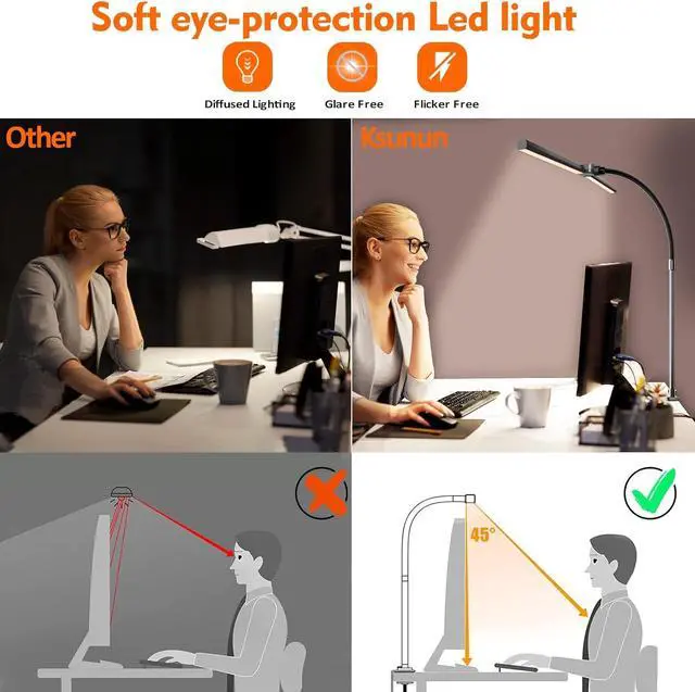 Alt view image 6 of 7 - Double Head LED Desk Lamp, Architect Desk Lamps for Home Office, 24W Brightest Workbench Office Lighting-5 Color Modes and 5 Dimmable Eye Protection Modern Desk Lamp for Monitor Reading
