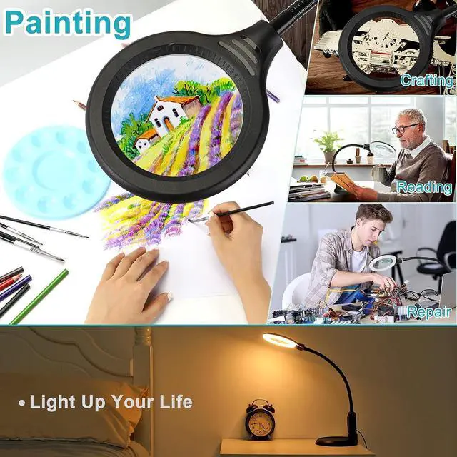 Alt view image 7 of 7 - 8X Magnifying Glass with Light and Clamp, 5 Color Modes Stepless Dimmable Lighted Magnifier with Stand, Flexible Gooseneck LED Desk Lamp Hands Free for Craft Reading Painting Hobby Close Work