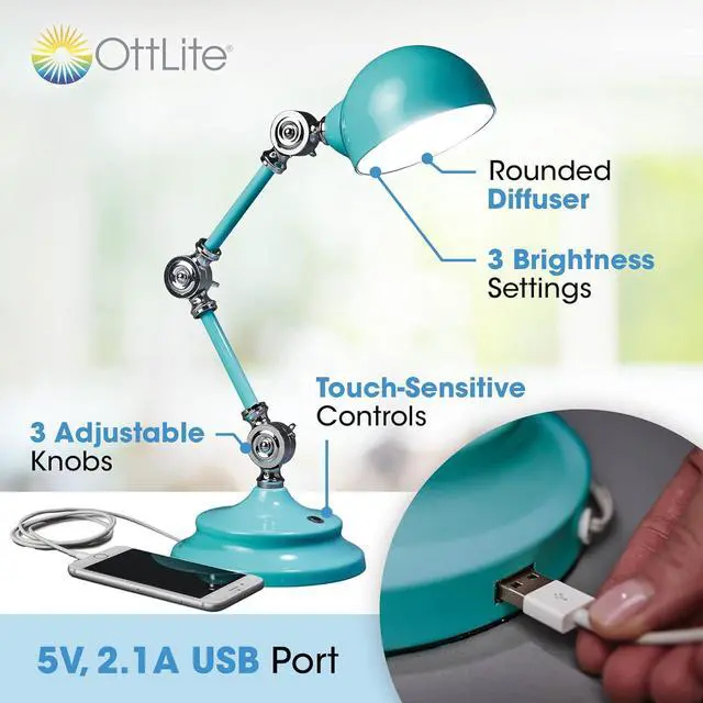 Alt view image 3 of 7 - OttLite Revive LED Desk Lamp with ClearSun LED Technology, Turquoise  3 Brightness Settings, Touch Activated Controls, USB Charging Port & 3 Adjustable Knobs for Precise Lighting - Great for Reading