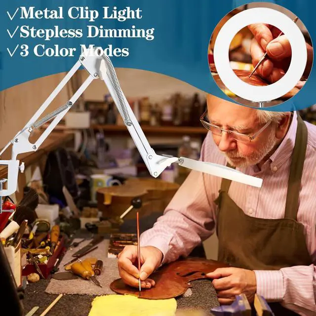 Alt view image 5 of 7 - 10X Magnifying Glass with Light, HITTI 1,800 Lumens Stepless Dimmable, 3 Color Modes, 4.2 Real Glass Lens LED Magnifying Desk Lamp & Clamp, Magnifier Light and Stand for Crafts Close Work-White