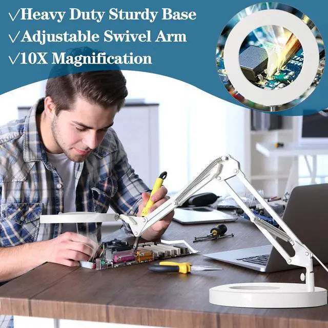 Alt view image 6 of 7 - 10X Magnifying Glass with Light, HITTI 1,800 Lumens Stepless Dimmable, 3 Color Modes, 4.2 Real Glass Lens LED Magnifying Desk Lamp & Clamp, Magnifier Light and Stand for Crafts Close Work-White