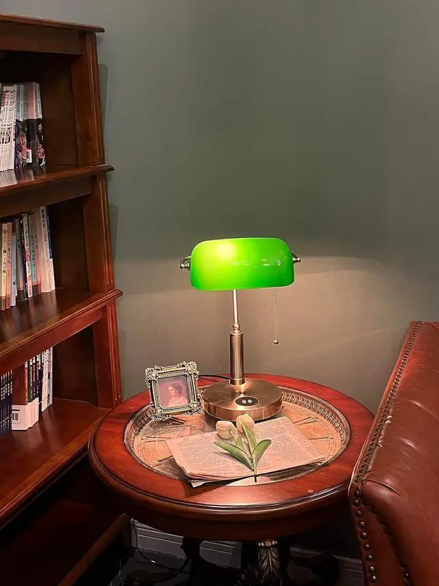 Alt view image 4 of 7 - FIRVRE Glass Bankers Desk Lamp USB Wireless Charging Port LED Desk Lamp Classic Retro Pull Chain Switch Table lamp Reading Modern for Home Office nightstand Bedside Study Desk Library (Green)