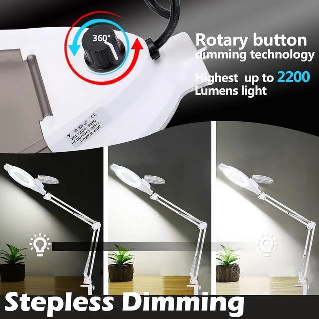 Alt view image 2 of 7 - 10X LED Magnifying Lamp with Clamp, KIRKAS 2,200 Lumens Dimmable Super Bright Daylight Magnifying Glass with Light and Stand, Adjustable Swivel Arm Magnifier lamp for Reading Repair Crafts-White