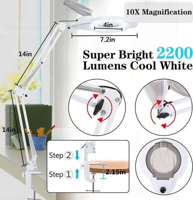 Alt view image 4 of 7 - 10X LED Magnifying Lamp with Clamp, KIRKAS 2,200 Lumens Dimmable Super Bright Daylight Magnifying Glass with Light and Stand, Adjustable Swivel Arm Magnifier lamp for Reading Repair Crafts-White
