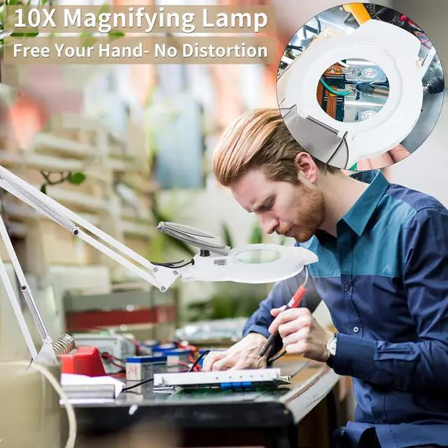 Alt view image 5 of 7 - 10X LED Magnifying Lamp with Clamp, KIRKAS 2,200 Lumens Dimmable Super Bright Daylight Magnifying Glass with Light and Stand, Adjustable Swivel Arm Magnifier lamp for Reading Repair Crafts-White