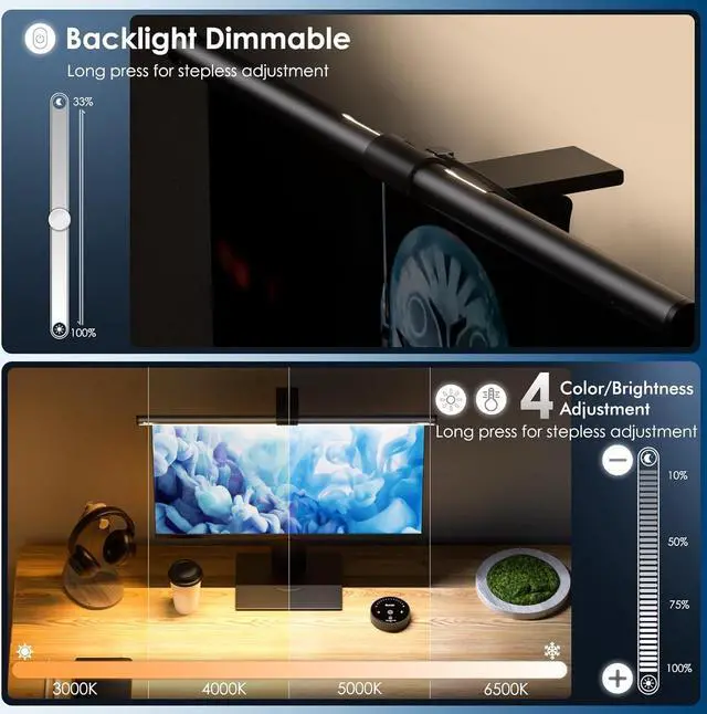 Alt view image 4 of 7 - Computer Monitor Light Bar with Remote, Eye-Care Monitor Light Backlight Desk Lamp for Home Office Gaming, Stepless Dimming Brightness and Color Temperature, No Screen Glare, Gray