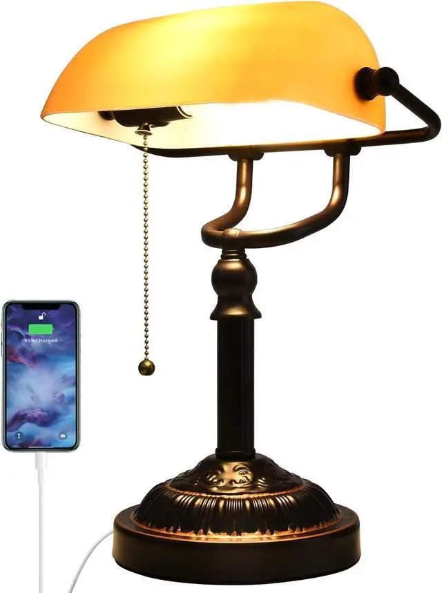 Main image of Rustic Banker's Desk Lamp Pull Chain, Traditional Bankers Desk Lamp with USB Port, Vintage Farmhouse Table Lamp for Home Office Library