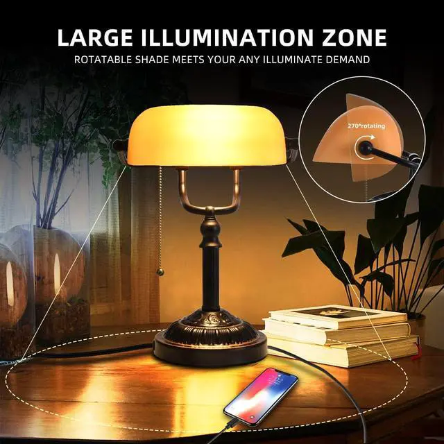 Alt view image 2 of 7 - Rustic Banker's Desk Lamp Pull Chain, Traditional Bankers Desk Lamp with USB Port, Vintage Farmhouse Table Lamp for Home Office Library