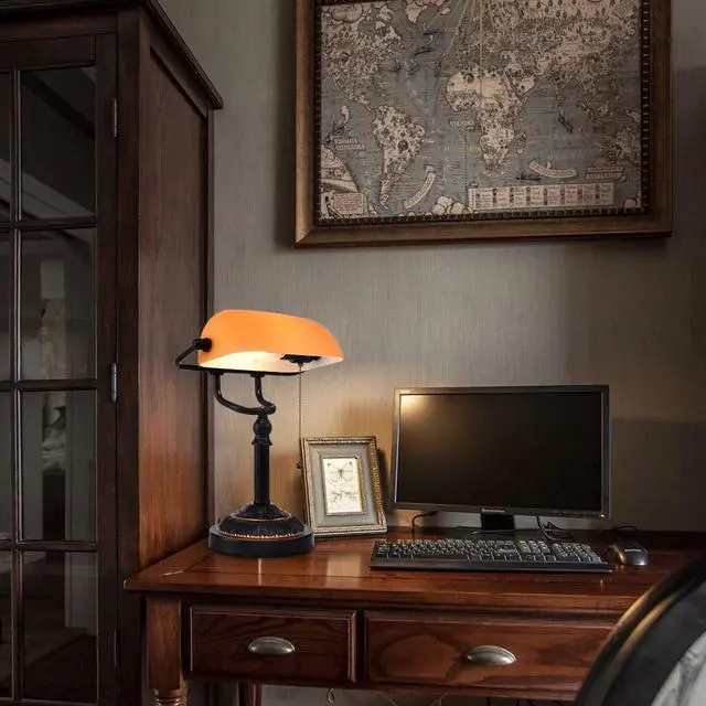 Alt view image 4 of 7 - Rustic Banker's Desk Lamp Pull Chain, Traditional Bankers Desk Lamp with USB Port, Vintage Farmhouse Table Lamp for Home Office Library