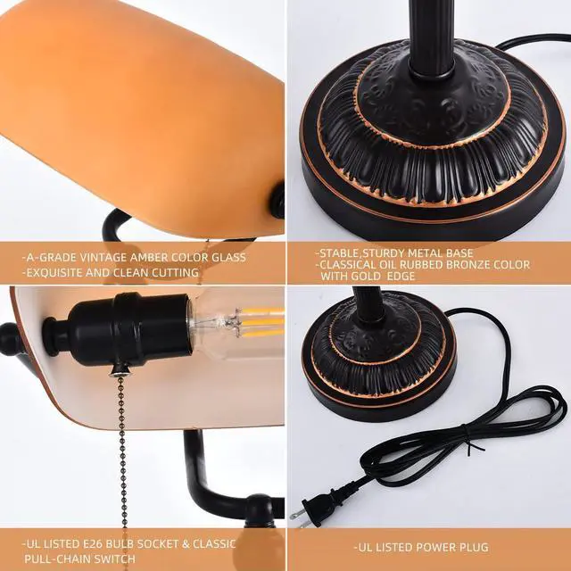 Alt view image 5 of 7 - Rustic Banker's Desk Lamp Pull Chain, Traditional Bankers Desk Lamp with USB Port, Vintage Farmhouse Table Lamp for Home Office Library