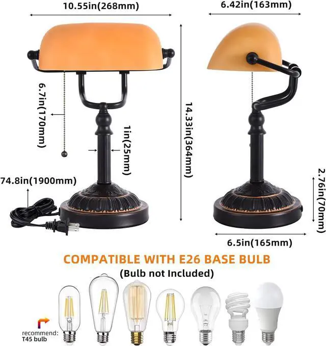 Alt view image 7 of 7 - Bankers Desk Lamp with USB-A Port, Rustic Desk Lamp Pull Chain with Yellow Glass Shade, Vintage Banker's Desk Lamp Oil Rubbed Bronze for Home Office Library
