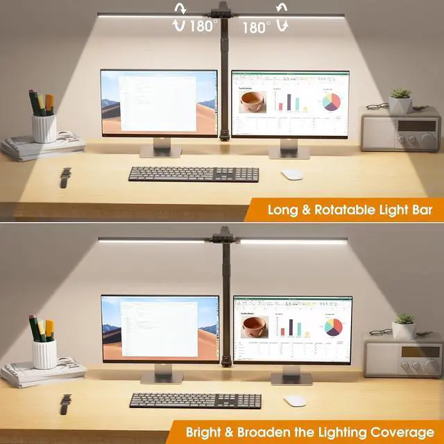 Alt view image 2 of 7 - LED Desk Lamp for Home Office - Eye-Caring Computer Desk Light with Clamp, Rotatable Computer Lighting with Color Changing, Dimmable Monitor Table Lamp with Gooseneck, Double Head, Black