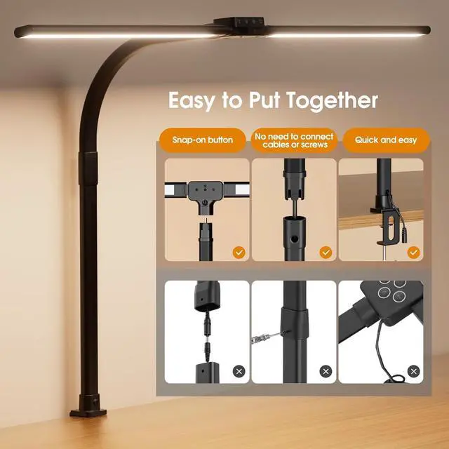 Alt view image 6 of 7 - LED Desk Lamp for Home Office - Eye-Caring Computer Desk Light with Clamp, Rotatable Computer Lighting with Color Changing, Dimmable Monitor Table Lamp with Gooseneck, Double Head, Black