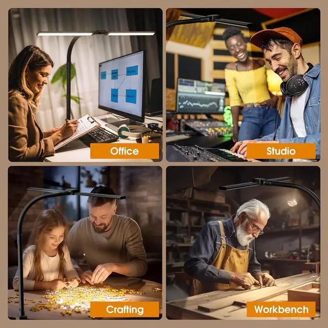 Alt view image 7 of 7 - LED Desk Lamp for Home Office - Eye-Caring Computer Desk Light with Clamp, Rotatable Computer Lighting with Color Changing, Dimmable Monitor Table Lamp with Gooseneck, Double Head, Black