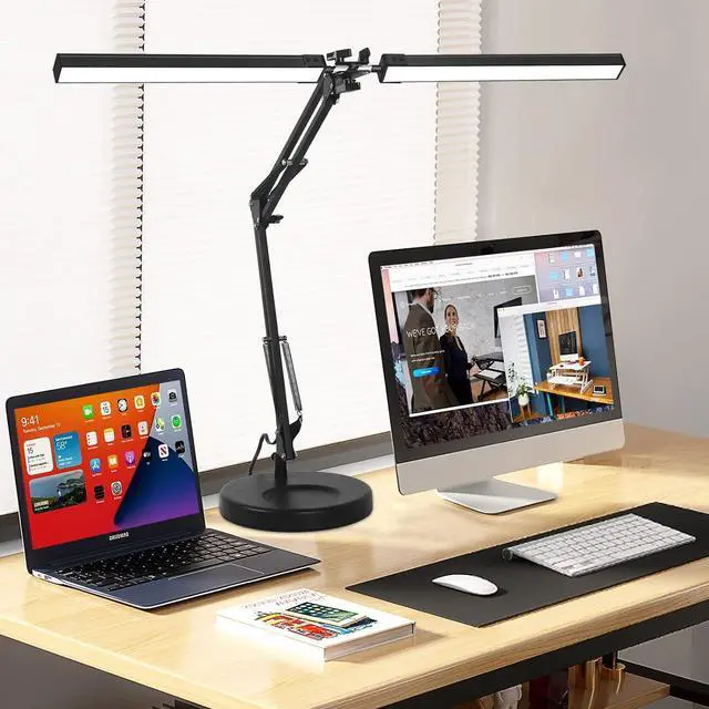 Main image of 2-in-1 LED Double Head Desk Lamps for Home Office, 24W Brightest Workbench Light, Architect Lamp with Clamp & Base, 3 Colors 10 Dimming Swing Arm Lamp for Reading/Study/Computer Light