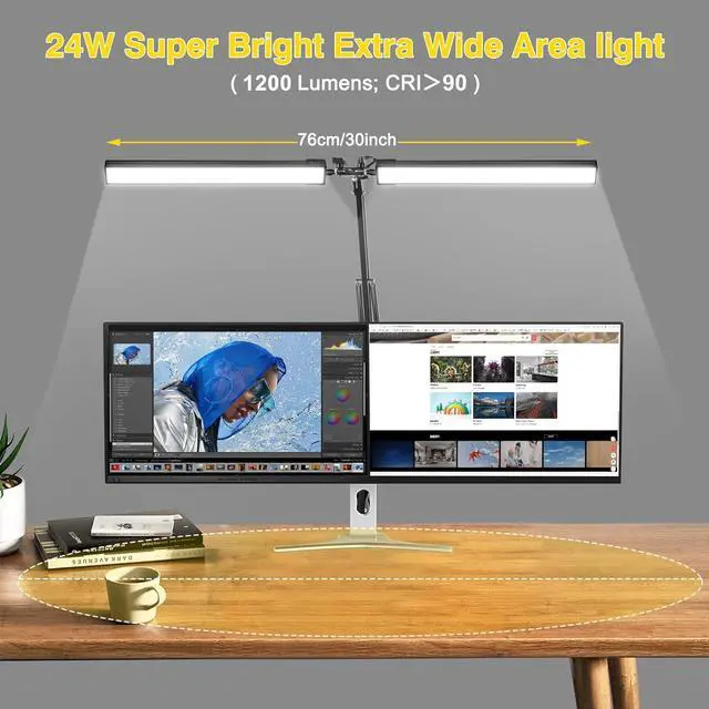Alt view image 4 of 7 - 2-in-1 LED Double Head Desk Lamps for Home Office, 24W Brightest Workbench Light, Architect Lamp with Clamp & Base, 3 Colors 10 Dimming Swing Arm Lamp for Reading/Study/Computer Light