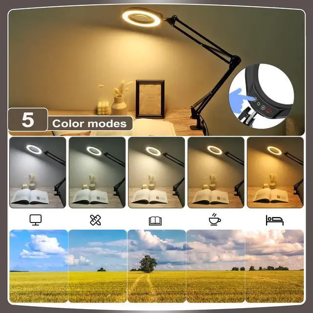 Alt view image 2 of 7 - VEEMAGNI 5 Inch Large Magnifying Glass with Light and Stand, 5 Color Modes Stepless Dimmable, Long Swivel Arm LED Clamp Desk Lamp, Hands Free 8X Lighted Magnifier for Close Work Craft Hobby Soldering