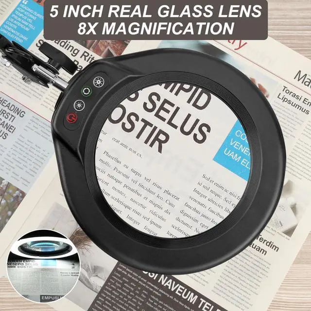Alt view image 3 of 7 - VEEMAGNI 5 Inch Large Magnifying Glass with Light and Stand, 5 Color Modes Stepless Dimmable, Long Swivel Arm LED Clamp Desk Lamp, Hands Free 8X Lighted Magnifier for Close Work Craft Hobby Soldering