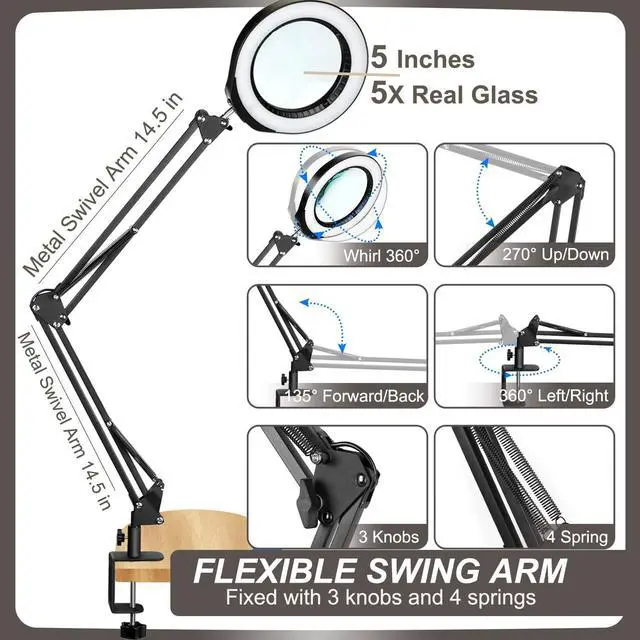Alt view image 5 of 7 - VEEMAGNI 5 Inch Large Magnifying Glass with Light and Stand, 5 Color Modes Stepless Dimmable, Long Swivel Arm LED Clamp Desk Lamp, Hands Free 8X Lighted Magnifier for Close Work Craft Hobby Soldering