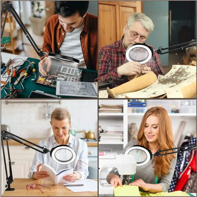 Alt view image 7 of 7 - VEEMAGNI 5 Inch Large Magnifying Glass with Light and Stand, 5 Color Modes Stepless Dimmable, Long Swivel Arm LED Clamp Desk Lamp, Hands Free 8X Lighted Magnifier for Close Work Craft Hobby Soldering