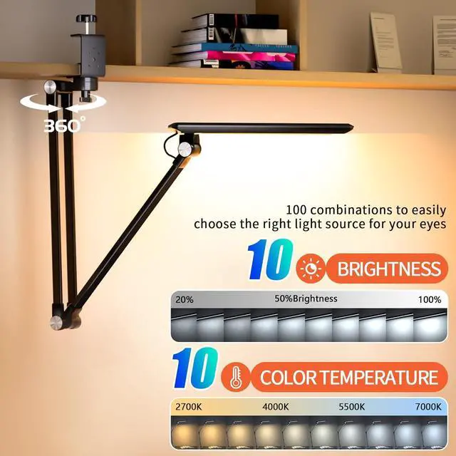 Alt view image 2 of 6 - LED Desk Lamp,Dimmable 10 Color Modes 2700K-7000K & 10 Brightness,Swing Arm Table Light with Clamp,Eye-Caring Clip-on Lamps with Memory Function for Reading Work Study 700LM-Black