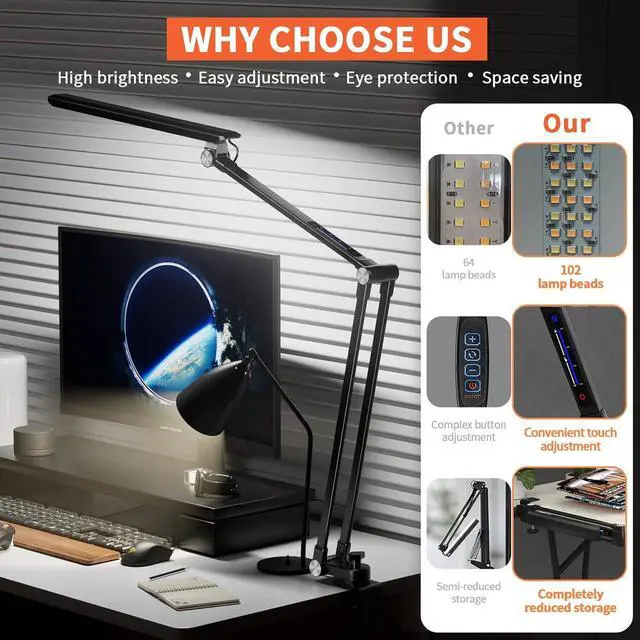 Alt view image 4 of 6 - LED Desk Lamp,Dimmable 10 Color Modes 2700K-7000K & 10 Brightness,Swing Arm Table Light with Clamp,Eye-Caring Clip-on Lamps with Memory Function for Reading Work Study 700LM-Black