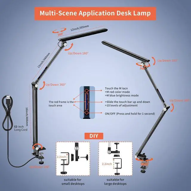 Alt view image 6 of 6 - LED Desk Lamp,Dimmable 10 Color Modes 2700K-7000K & 10 Brightness,Swing Arm Table Light with Clamp,Eye-Caring Clip-on Lamps with Memory Function for Reading Work Study 700LM-Black