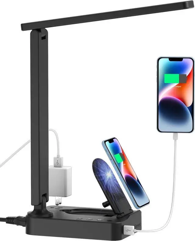 Main image of Drevet LED Desk Lamp with Wireless Charger, Desk Table Light with USB Charging Port and 2 Outlets, 3 Lighting Modes, 3 Level Brightness, 1H Timer, Touch Control, Eye-Caring Home Office Foldable Lamp