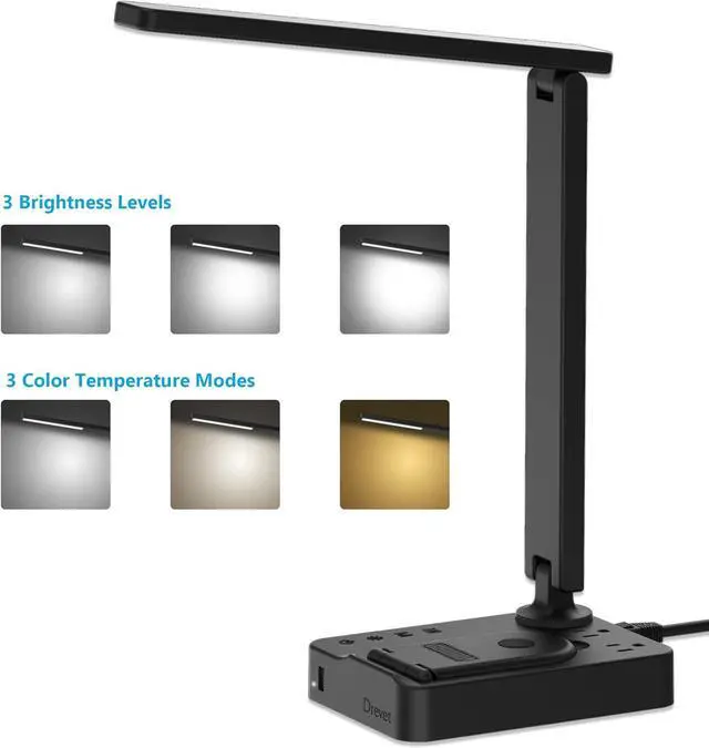 Alt view image 2 of 7 - Drevet LED Desk Lamp with Wireless Charger, Desk Table Light with USB Charging Port and 2 Outlets, 3 Lighting Modes, 3 Level Brightness, 1H Timer, Touch Control, Eye-Caring Home Office Foldable Lamp