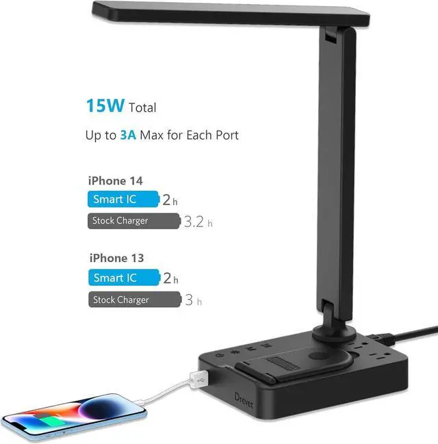 Alt view image 3 of 7 - Drevet LED Desk Lamp with Wireless Charger, Desk Table Light with USB Charging Port and 2 Outlets, 3 Lighting Modes, 3 Level Brightness, 1H Timer, Touch Control, Eye-Caring Home Office Foldable Lamp