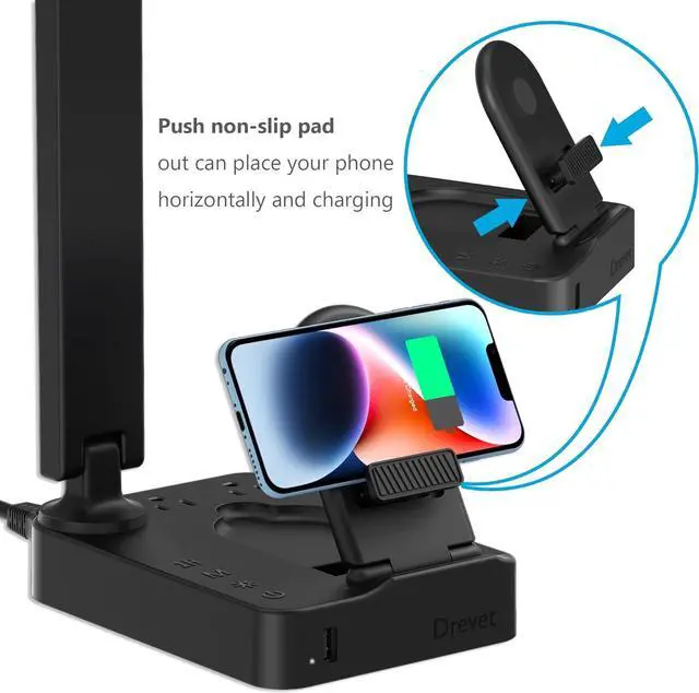 Alt view image 6 of 7 - Drevet LED Desk Lamp with Wireless Charger, Desk Table Light with USB Charging Port and 2 Outlets, 3 Lighting Modes, 3 Level Brightness, 1H Timer, Touch Control, Eye-Caring Home Office Foldable Lamp