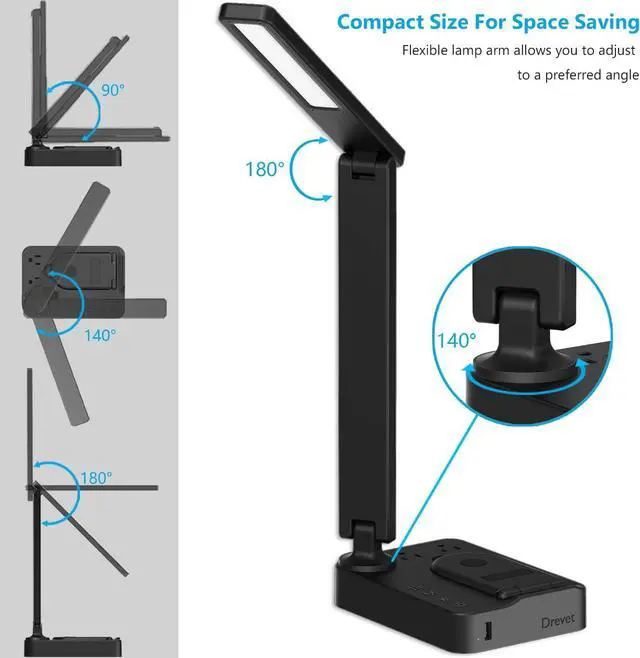 Alt view image 4 of 7 - Drevet LED Desk Lamp with Wireless Charger, Desk Table Light with USB Charging Port and 2 Outlets, 3 Lighting Modes, 3 Level Brightness, 1H Timer, Touch Control, Eye-Caring Home Office Foldable Lamp