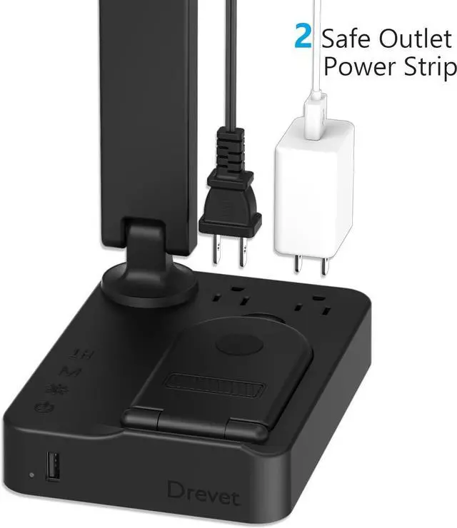 Alt view image 5 of 7 - Drevet LED Desk Lamp with Wireless Charger, Desk Table Light with USB Charging Port and 2 Outlets, 3 Lighting Modes, 3 Level Brightness, 1H Timer, Touch Control, Eye-Caring Home Office Foldable Lamp