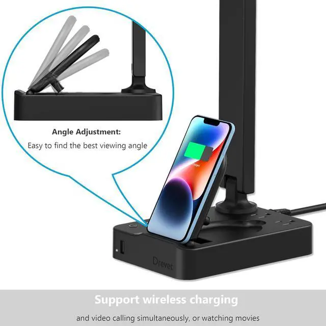 Alt view image 7 of 7 - Drevet LED Desk Lamp with Wireless Charger, Desk Table Light with USB Charging Port and 2 Outlets, 3 Lighting Modes, 3 Level Brightness, 1H Timer, Touch Control, Eye-Caring Home Office Foldable Lamp
