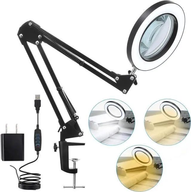 Main image of LED Magnifying Lamp with Clamp, 10X Real Glass Lens, 3 Color Modes and Stepless Dimmable Magnifier Desk Lamp,Adjustable Swivel Arm Lighted Magnifying Glass for Repair Craft Close Work-Black