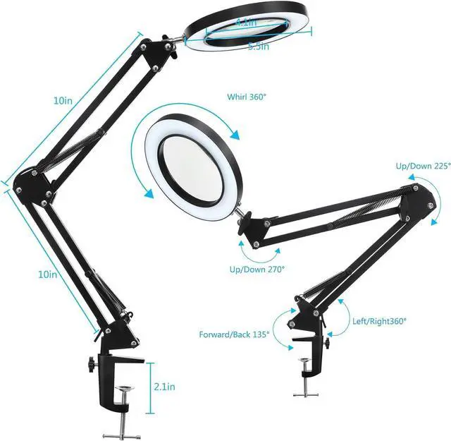 Alt view image 3 of 6 - LED Magnifying Lamp with Clamp, 10X Real Glass Lens, 3 Color Modes and Stepless Dimmable Magnifier Desk Lamp,Adjustable Swivel Arm Lighted Magnifying Glass for Repair Craft Close Work-Black