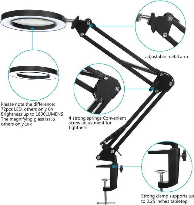 Alt view image 5 of 6 - LED Magnifying Lamp with Clamp, 10X Real Glass Lens, 3 Color Modes and Stepless Dimmable Magnifier Desk Lamp,Adjustable Swivel Arm Lighted Magnifying Glass for Repair Craft Close Work-Black