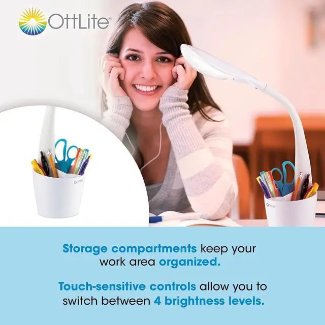 Alt view image 2 of 6 - OttLite LED Desk Lamp Space Organizer with Flexible Neck Height - 4 Brightness Settings with Touch Activated Controls, Energy-Efficient Natural Daylight LEDs for Home Office, Desk, & Dorms